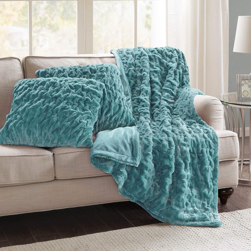 Comfort Spaces Ruched Faux Fur Plush Throw Blanket and Pillow Set with 2 Matching Square Pillow Covers Sofa Throw Blanket for Living Room, Chair, Couch, Home Office Luxurious Fuzzy Soft Teal 50"x 60" - Image 2